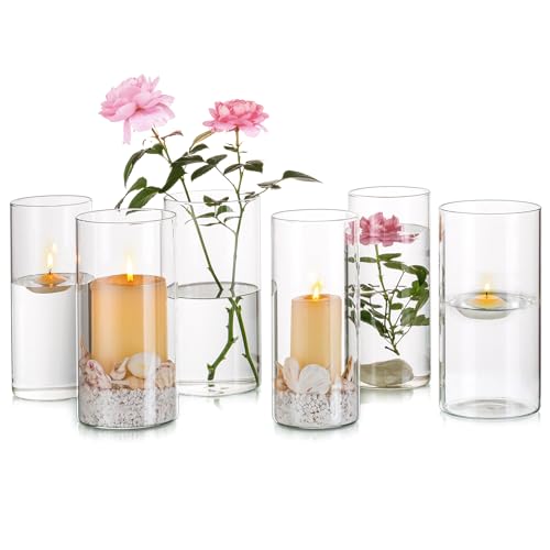 Windlicht Glas Kerzenhalter Glaszylinder für Kerzen: 6er Kerzenglas Glaszylinder mit Boden Windlichter Glas Set für Schwimmkerzen Glasvase Zylinder für Tischdeko Wohnzimmer Deko, 20cm hoch von Hewory