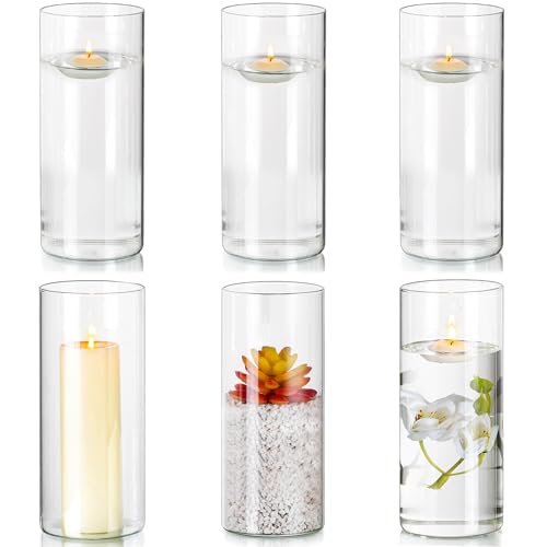 Windlicht Glas Kerzenhalter Glaszylinder mit Boden: 6er Kerzenglas Windlichter Glas Set für Schwimmkerzen Stumpenkerzen Glasvase Zylinder für Tischdeko Hochzeit Event Wohnzimmer Deko, 20cm Höhe von Hewory