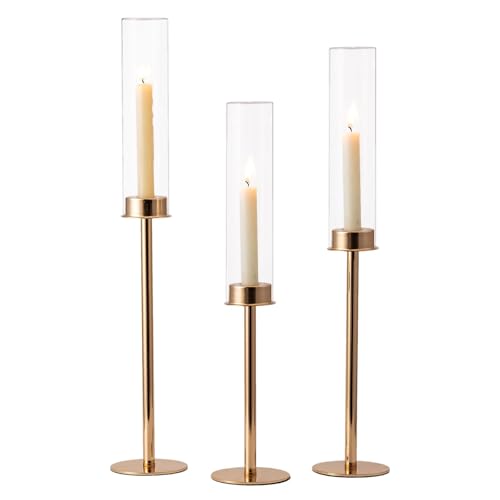 Windlicht Glas Kerzenständer Gold Stabkerzenhalter: 3er Glaszylinder für Stabkerzen Kerzenglas Gross Glaszylinder für Kerzen mit Gold Kerzenhalter Stabkerze für Tischdeko Hochzeit Weihnachtsdeko von Hewory