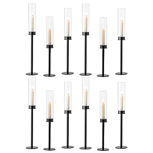 Windlicht Glas Kerzenständer Schwarz Stabkerzenhalter: 12er Glaszylinder für Stabkerzen Kerzenglas Gross Outdoor Glaszylinder mit Schwarz Kerzenhalter Stabkerze für Tischdeko Hochzeit Weihnachtsdeko von Hewory