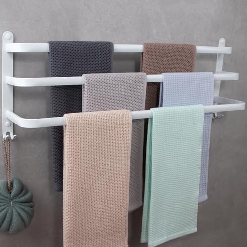 Handtuchstange Bad 3-Stöckig mit Haken,Handtuchhalter 70cm breit Gross ohne Bohren/Lochstanzen Handtuchstange,Aluminium Selbstklebend Wand Badetuchhalter, Wasserdicht Rust Towel Bar von Hewwooy