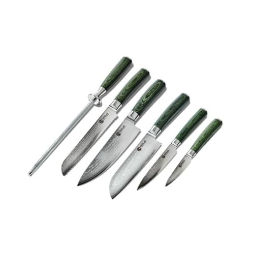 HexClad Essential Messerset, 6-teilig, japanische Damastklingen aus rostfreiem Stahl, Full Tang Konstruktion, Griffe aus Pakkaholz von HexClad