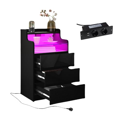 Nachttisch mit Steckdose und LED-Beleuchtung, Hochglanz Nachtschrank mit steckdose und 3 Schubladen - offene Ablageebenen mit Gehärtetes Glas für Wohnzimmer und Schlafzimmer 45x35x76 cm (Schwarz) von HexaHive