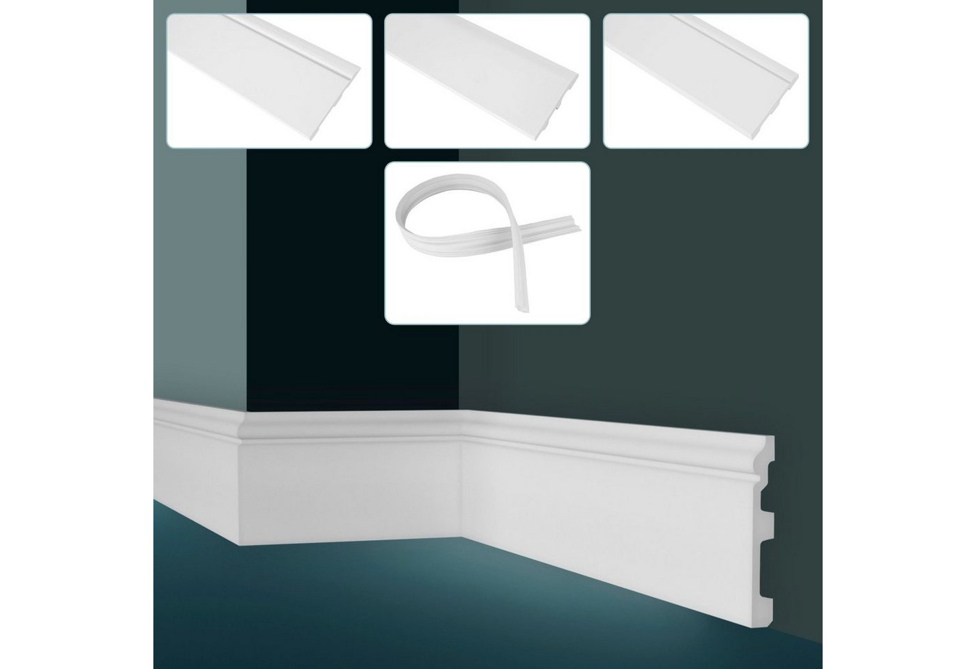 Hexim Sockelleiste, Sockelleisten, PU Hartschaum & Flexibel - 2m Fußleisten mit Kabelkanal Bodenleisten Fußbodenleisten (2 Meter weiß) von Hexim