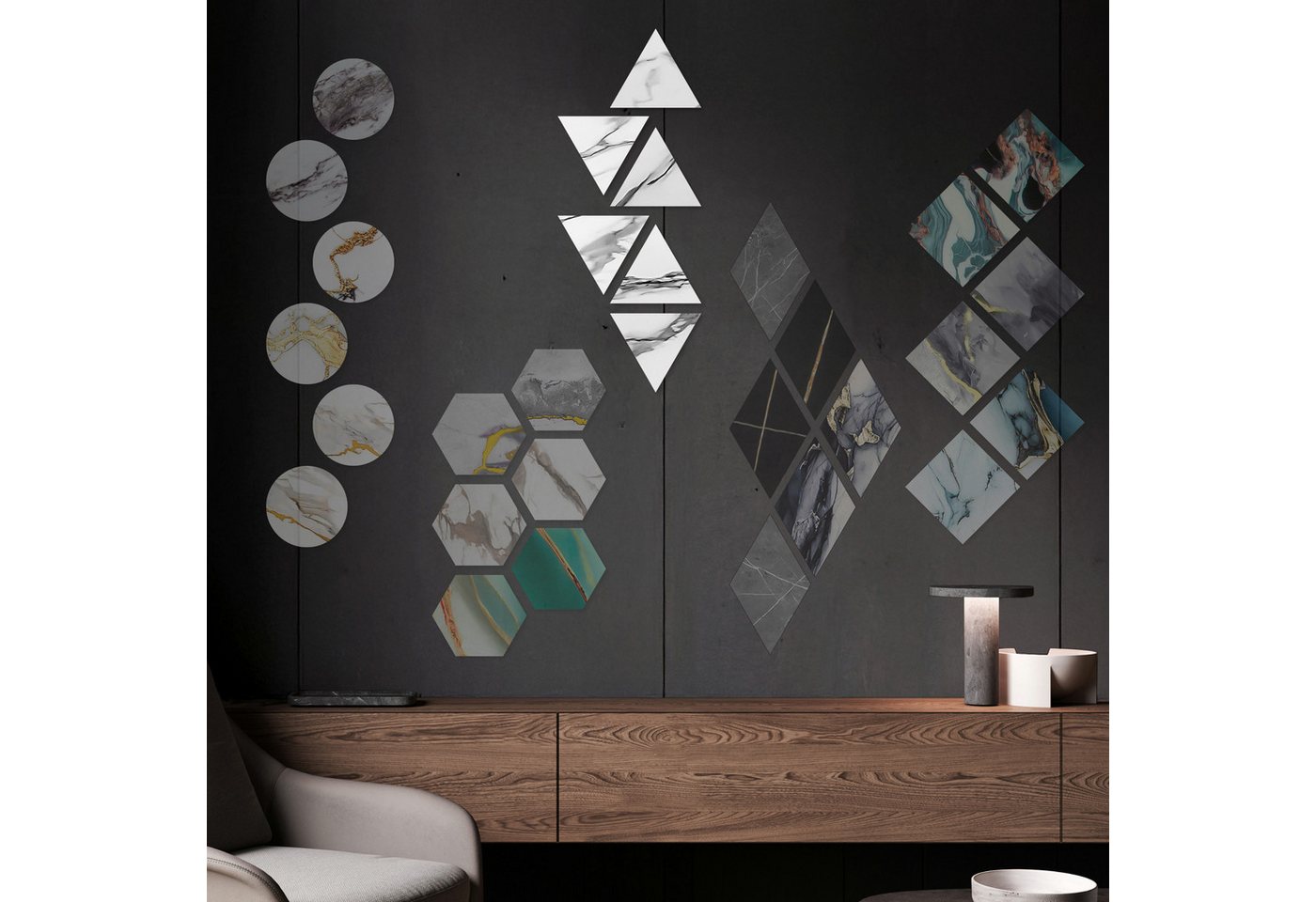 Hexim Wanddekoobjekt 2001 (Marmorplatten Optik 6 Stück SPC Hexagon Dreieck Kreis Viereck Raute Waben Innen & Außenbereich Granit Steinoptik - Marmor Dekor Formen Dreiecks Wandfliesen (2001 Dreieck) von Hexim