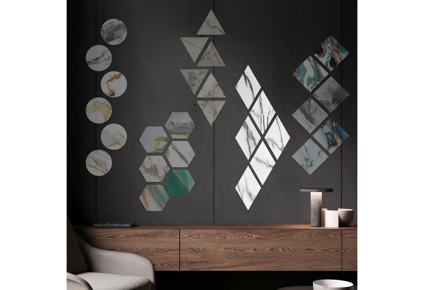 Hexim Wanddekoobjekt 2001 (Marmorplatten Optik 6 Stück SPC Hexagon Dreieck Kreis Viereck Raute Waben Innen & Außenbereich Granit Steinoptik - Marmor Dekor Formen Rhombus Diamant Design (2001 Raute) von Hexim