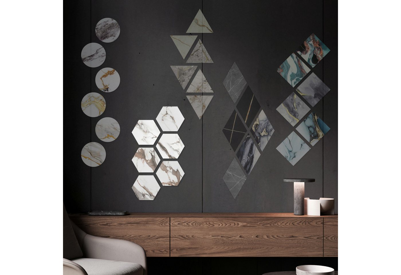 Hexim Wanddekoobjekt 2002 (Marmorplatten Optik 6 Stück SPC Hexagon Dreieck Kreis Viereck Raute Waben Innen & Außenbereich Granit Steinoptik - Marmor Dekor Formen Sechseck Fliesen (2002 Hexagon) von Hexim