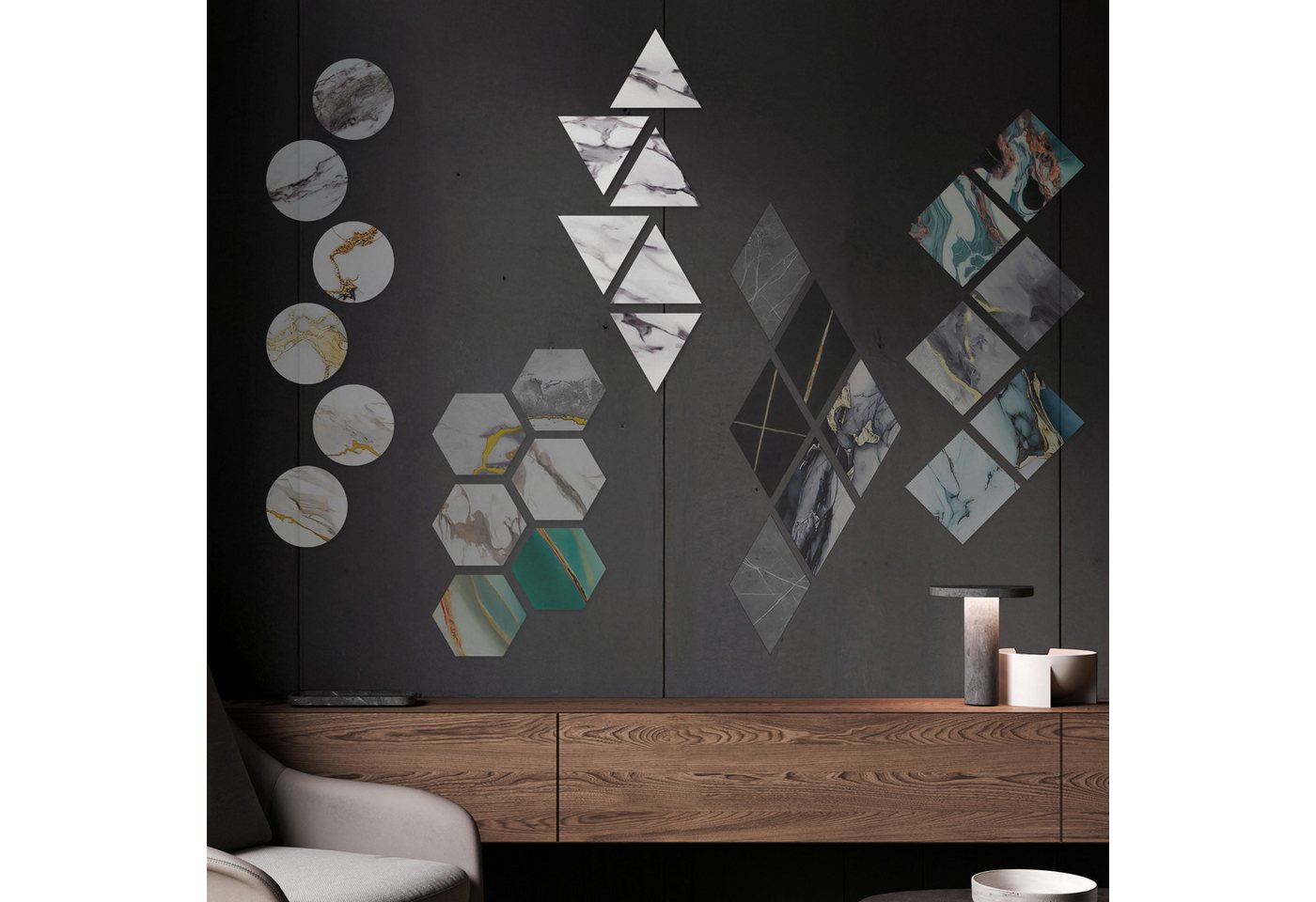 Hexim Wanddekoobjekt 2003 (Marmorplatten Optik 6 Stück SPC Hexagon Dreieck Kreis Viereck Raute Waben Innen & Außenbereich Granit Steinoptik - Marmor Dekor Formen Dreiecks Wandfliesen (2003 Dreieck) von Hexim