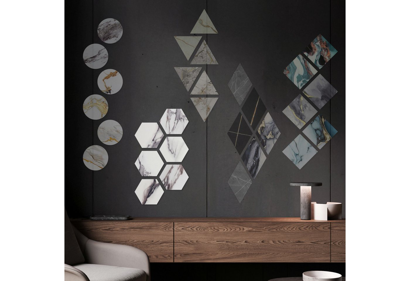 Hexim Wanddekoobjekt 2005 (Marmorplatten Optik 6 Stück SPC Hexagon Dreieck Kreis Viereck Raute Waben Innen & Außenbereich Granit Steinoptik - Marmor Dekor Formen Sechseck Fliesen (2005 Hexagon) von Hexim