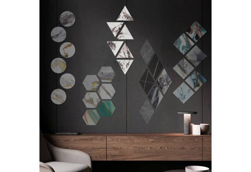 Hexim Wanddekoobjekt 2005 (Marmorplatten Optik 6 Stück SPC Hexagon Dreieck Kreis Viereck Raute Waben Innen & Außenbereich Granit Steinoptik - Marmor Dekor Formen Triangular Triangle Design (2005 Dreieck) von Hexim