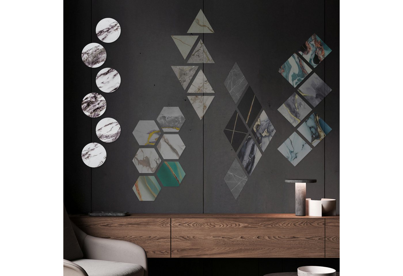 Hexim Wanddekoobjekt 2006 (Marmorplatten Optik 6 Stück SPC Hexagon Dreieck Kreis Viereck Raute Waben Innen & Außenbereich Granit Steinoptik - Marmor Dekor Formen Runde Wandfliesen (2006 Kreis) von Hexim