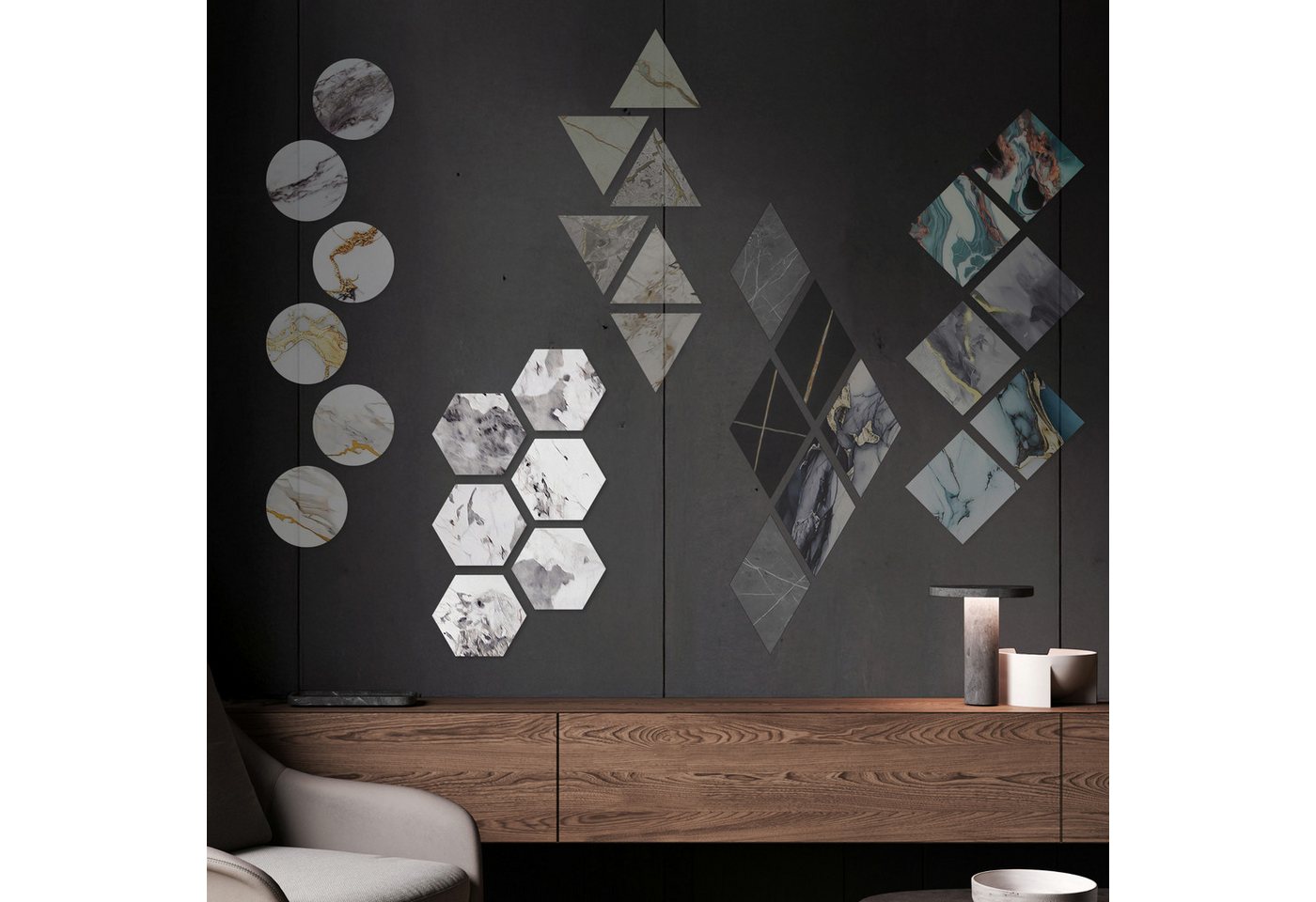Hexim Wanddekoobjekt 2011B (Marmorplatten Optik 6 Stück SPC Hexagon Dreieck Kreis Viereck Raute Waben Innen & Außenbereich Granit Steinoptik - Marmor Dekor Formen Sechseck Fliesen (2011B Hexagon) von Hexim