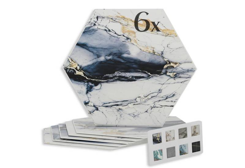 Hexim Wanddekoobjekt 80113 (Marmorplatten Optik 6 Stück SPC Hexagon 25 x 21,5 cm Innen & Außenbereich Granit Steinoptik Kunststoff Fliesen - Marmor Dekor Wanddekoration dunkelblau weiß gold (80113) von Hexim