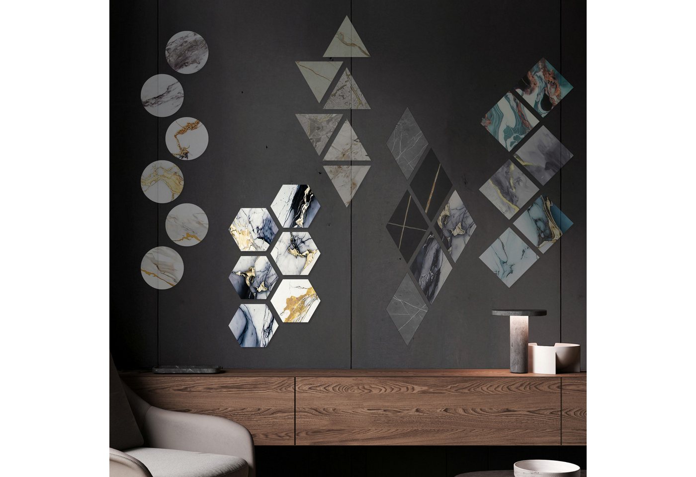 Hexim Wanddekoobjekt 80113 (Marmorplatten Optik 6 Stück SPC Hexagon Dreieck Kreis Viereck Raute Waben Innen & Außenbereich Granit Steinoptik - Marmor Dekor Formen Sechseck Fliesen (80113 Hexagon) von Hexim