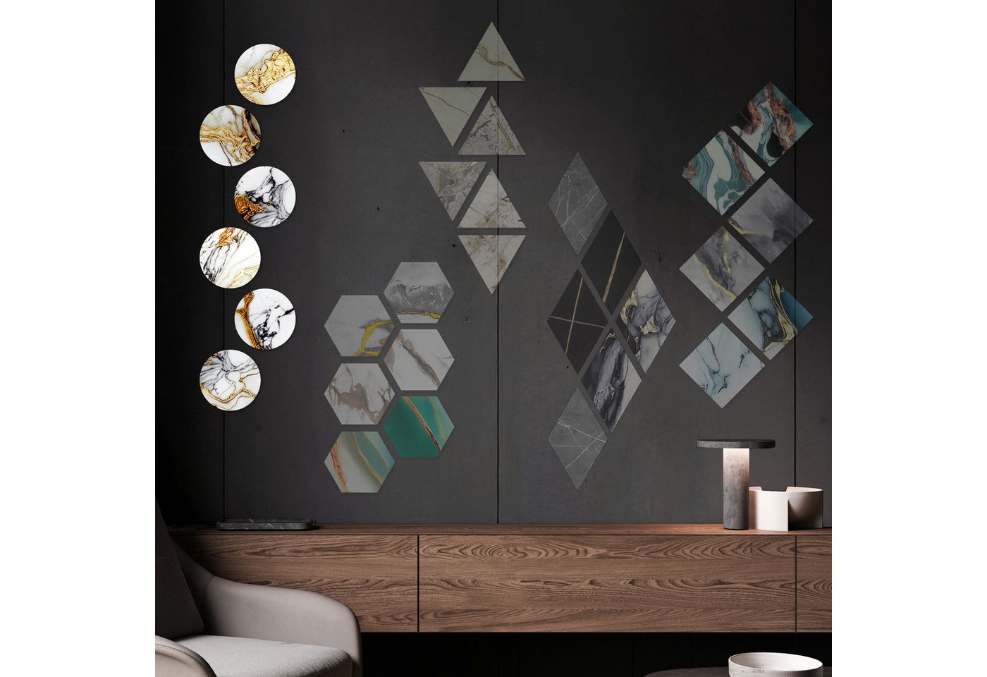 Hexim Wanddekoobjekt 80114 (Marmorplatten Optik 6 Stück SPC Hexagon Dreieck Kreis Viereck Raute Waben Innen & Außenbereich Granit Steinoptik - Marmor Dekor Formen Runde Wandfliesen (80114 Kreis) von Hexim