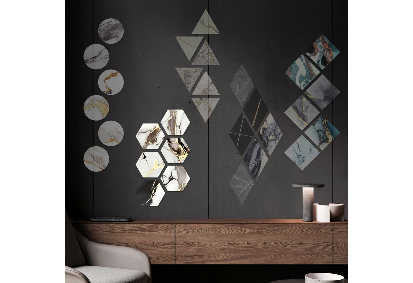 Hexim Wanddekoobjekt 80115 (Marmorplatten Optik 6 Stück SPC Hexagon Dreieck Kreis Viereck Raute Waben Innen & Außenbereich Granit Steinoptik - Marmor Dekor Formen Sechseck Fliesen (80115 Hexagon) von Hexim
