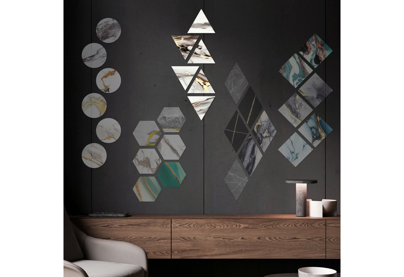Hexim Wanddekoobjekt 80115 (Marmorplatten Optik 6 Stück SPC Hexagon Dreieck Kreis Viereck Raute Waben Innen & Außenbereich Granit Steinoptik - Marmor Dekor Formen Triangular Triangle Design (80115 Dreieck) von Hexim