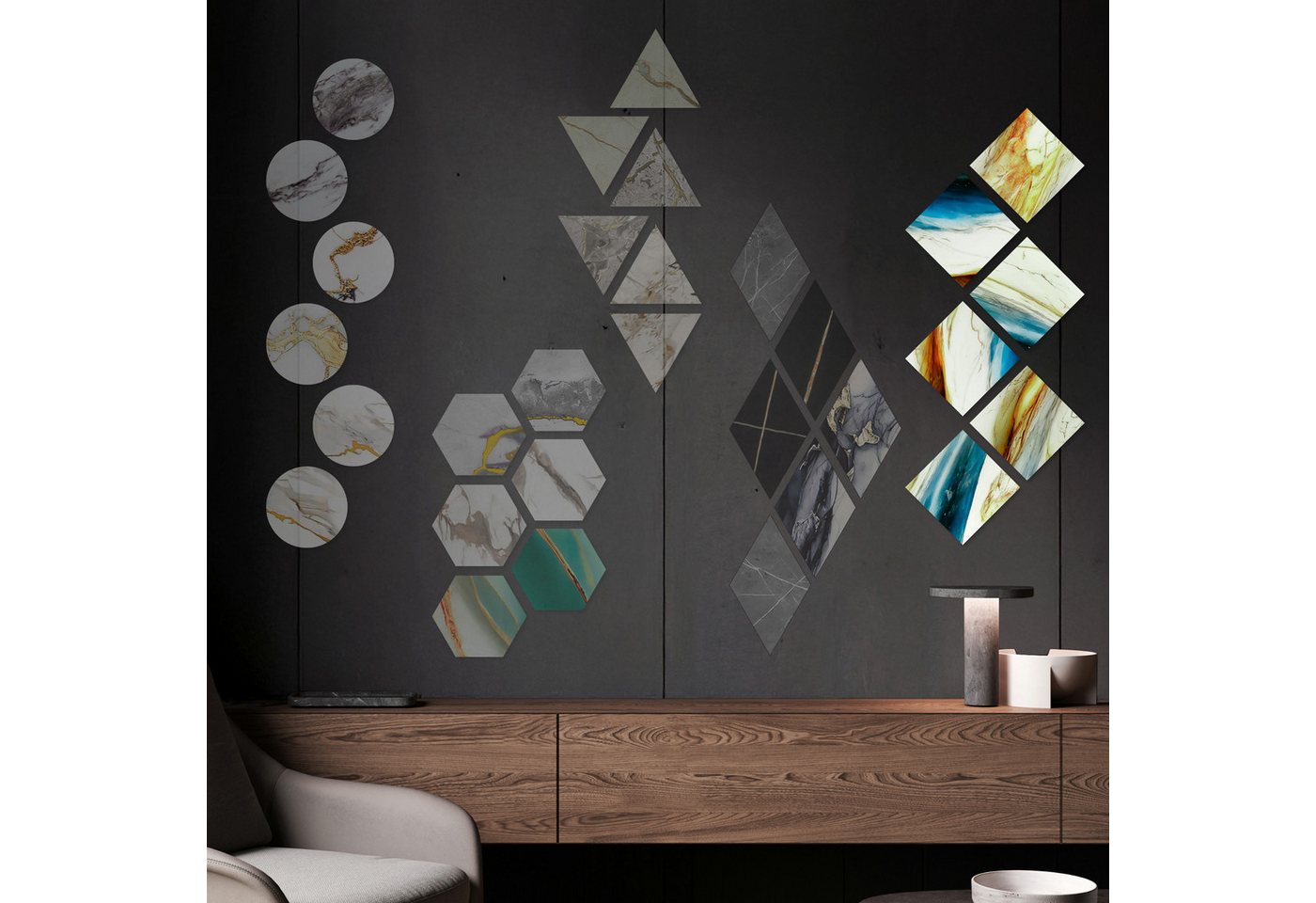 Hexim Wanddekoobjekt 80117 (Marmorplatten Optik 6 Stück SPC Hexagon Dreieck Kreis Viereck Raute Waben Innen & Außenbereich Granit Steinoptik - Marmor Dekor Formen Quadratisch Square Design (80117 Viereck) von Hexim