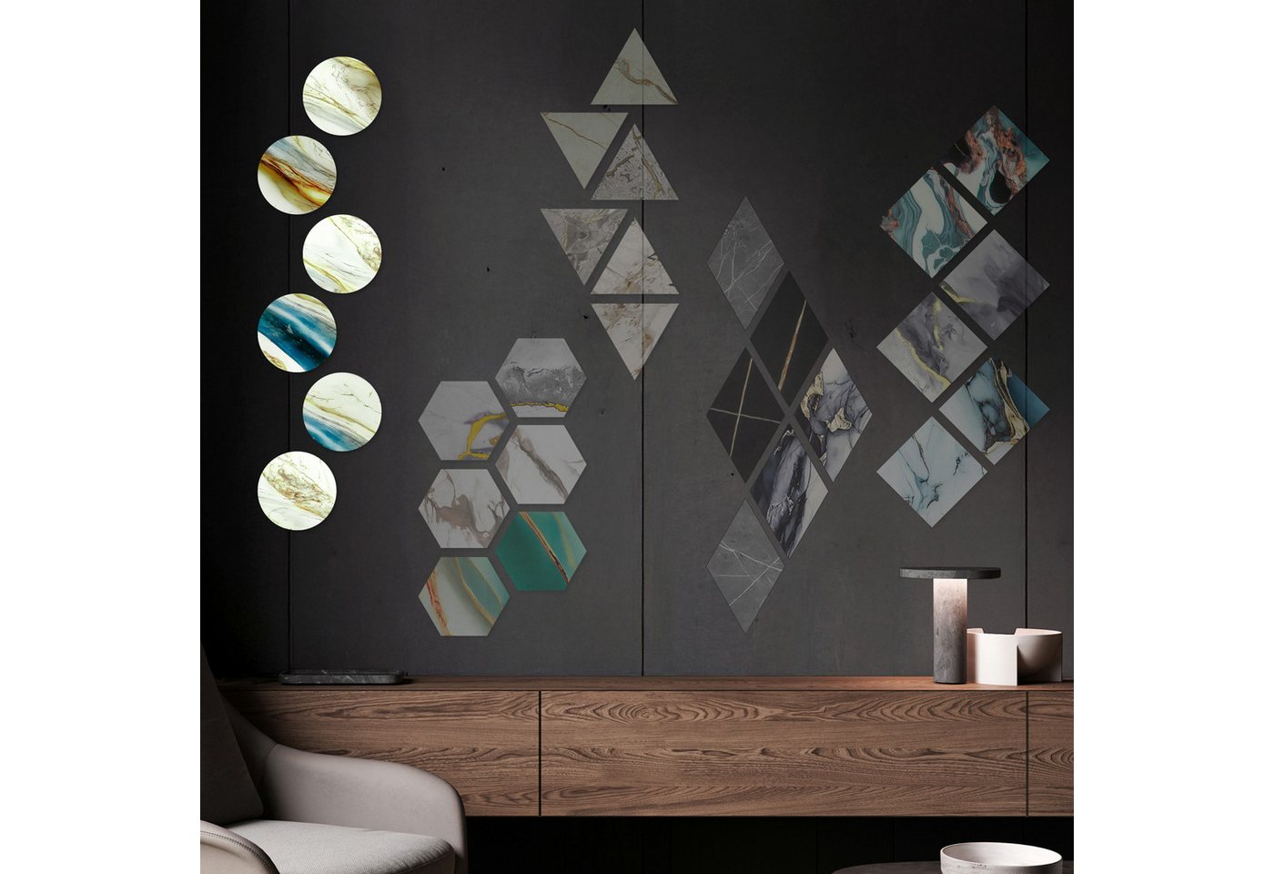 Hexim Wanddekoobjekt 80117 (Marmorplatten Optik 6 Stück SPC Hexagon Dreieck Kreis Viereck Raute Waben Innen & Außenbereich Granit Steinoptik - Marmor Dekor Formen Rund Circle Design (80117 Kreis) von Hexim