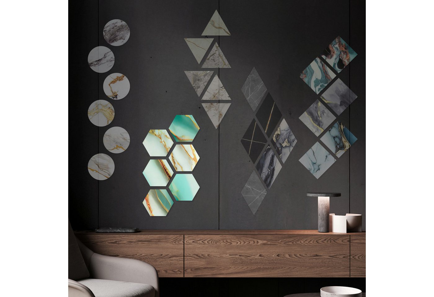 Hexim Wanddekoobjekt 80118 (Marmorplatten Optik 6 Stück SPC Hexagon Dreieck Kreis Viereck Raute Waben Innen & Außenbereich Granit Steinoptik - Marmor Dekor Formen Sechseck Fliesen (80118 Hexagon) von Hexim