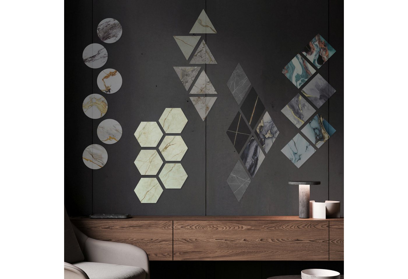 Hexim Wanddekoobjekt 8088 (Marmorplatten Optik 6 Stück SPC Hexagon Dreieck Kreis Viereck Raute Waben Innen & Außenbereich Granit Steinoptik - Marmor Dekor Formen Sechseck Fliesen (8088 Hexagon) von Hexim