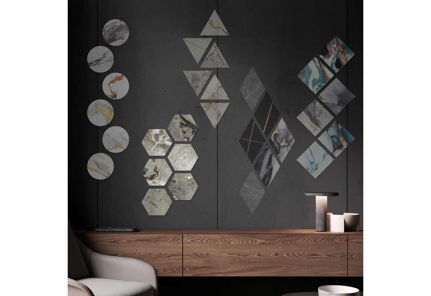 Hexim Wanddekoobjekt 8090B (Marmorplatten Optik 6 Stück SPC Hexagon Dreieck Kreis Viereck Raute Waben Innen & Außenbereich Granit Steinoptik - Marmor Dekor Formen Wabe Honeycomb Design (8090B Hexagon) von Hexim