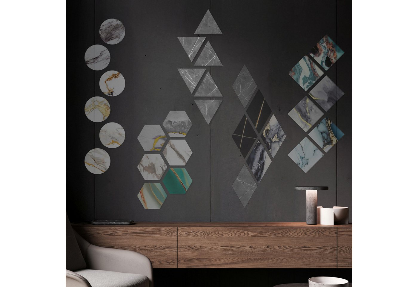 Hexim Wanddekoobjekt 8146 (Marmorplatten Optik 6 Stück SPC Hexagon Dreieck Kreis Viereck Raute Waben Innen & Außenbereich Granit Steinoptik - Marmor Dekor Formen Dreiecks Wandfliesen (8146 Dreieck) von Hexim