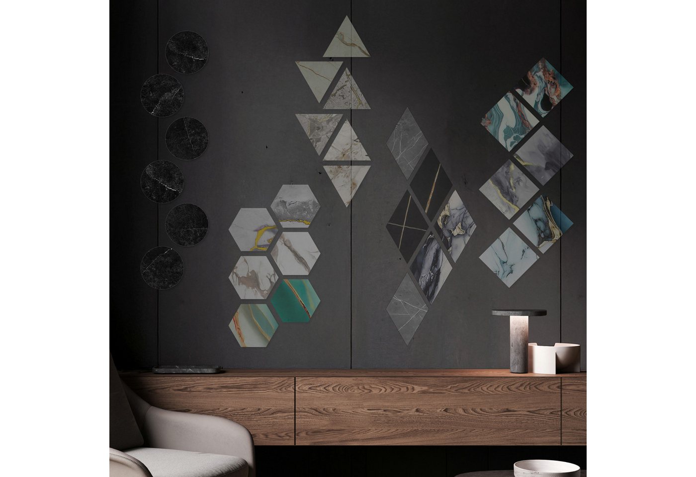 Hexim Wanddekoobjekt 8261 (Marmorplatten Optik 6 Stück SPC Hexagon Dreieck Kreis Viereck Raute Waben Innen & Außenbereich Granit Steinoptik - Marmor Dekor Formen Runde Wandfliesen (8261 Kreis) von Hexim