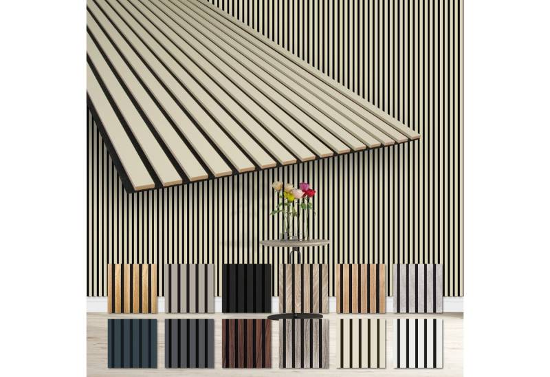 Hexim Wanddekoobjekt AP01 (Akustikpaneele 2 Stück 278x60cm Holz Comfort - flexible Lamellenwand MDF Wandpaneele Lamellenverkleidung Wandverkleidung schalldämmend 3.34m² Palomino) von Hexim