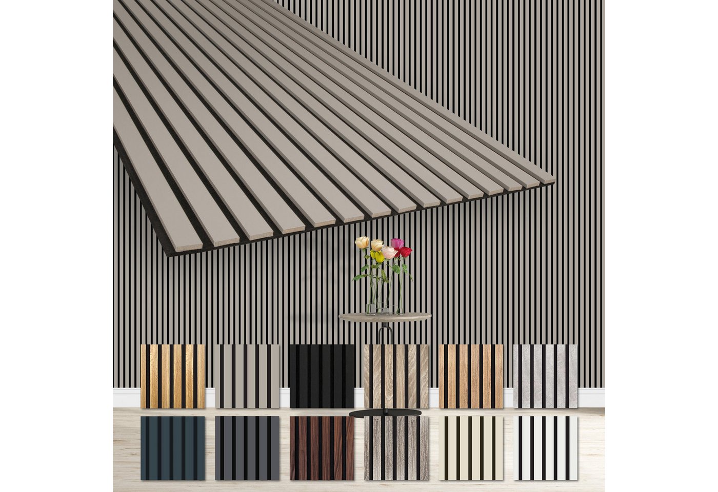 Hexim Wanddekoobjekt AP02 (Akustikpaneele 4 Stück 278x60cm Holz Comfort - flexible Lamellenwand MDF Wandpaneele Lamellenverkleidung Wandverkleidung schalldämmend 6.68m² Sandgrey) von Hexim