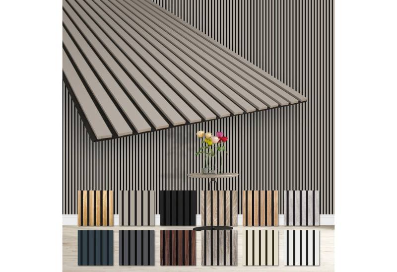 Hexim Wanddekoobjekt AP02 (Akustikpaneele 4 Stück 278x60cm Holz Comfort - flexible Lamellenwand MDF Wandpaneele Lamellenverkleidung Wandverkleidung schalldämmend 6.68m² Sandgrey) von Hexim
