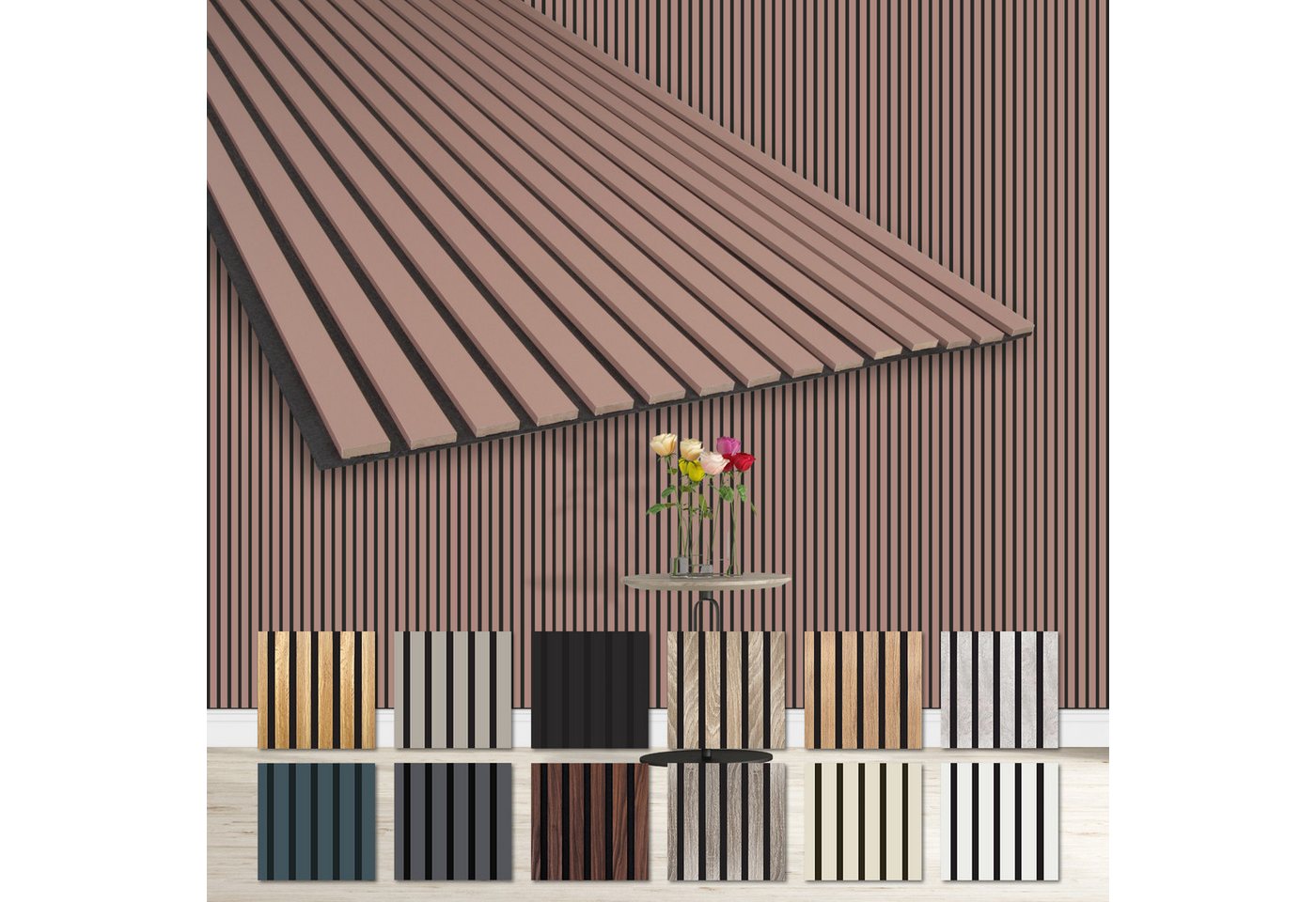 Hexim Wanddekoobjekt AP03 (Akustikpaneele 278x60cm - flexible Lamellenwand Holz MDF Wandpaneele Lamellenverkleidung Wandverkleidung Innendekoration schalldämmend (2 Paneele / 3,34 m² Mauve - AP03) von Hexim