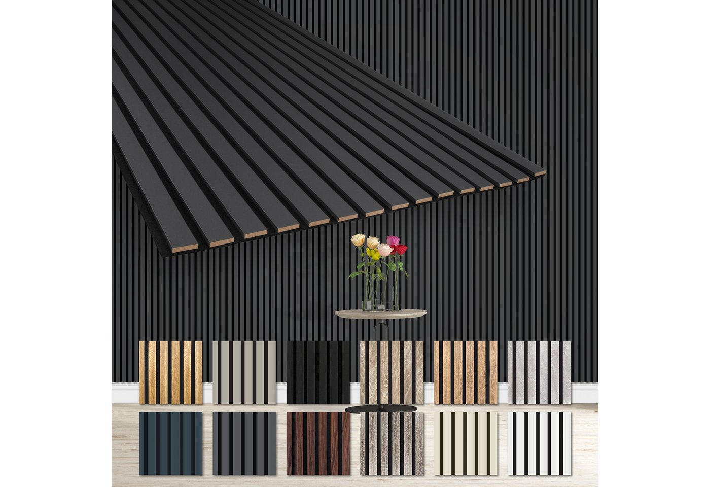 Hexim Wanddekoobjekt AP05 (Akustikpaneele 2 Stück 278x60cm Holz Comfort - flexible Lamellenwand MDF Wandpaneele Lamellenverkleidung Wandverkleidung schalldämmend 3.34m² Black Lead) von Hexim