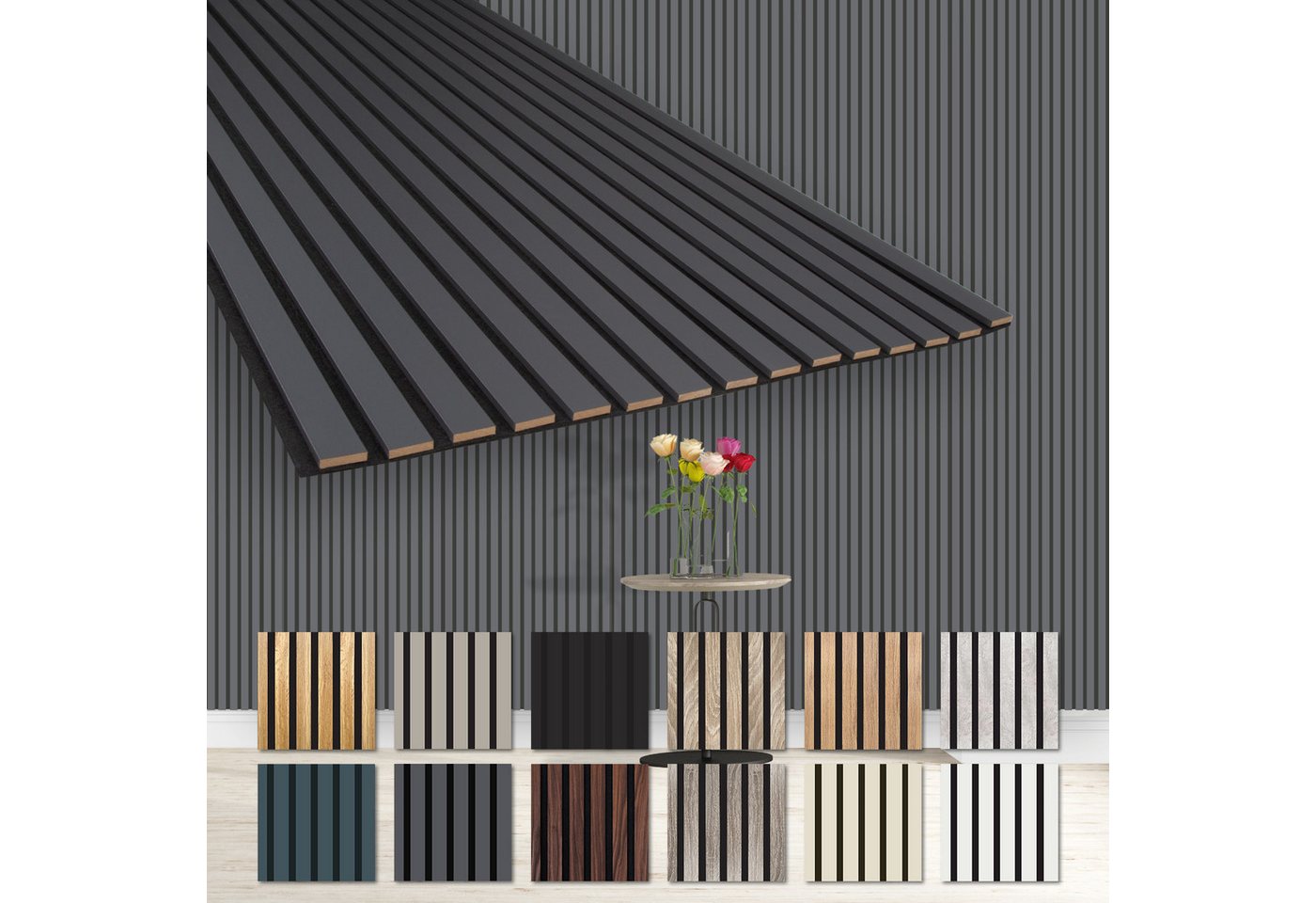 Hexim Wanddekoobjekt AP05 (Akustikpaneele 278x60cm - flexible Lamellenwand Holz MDF Wandpaneele Lamellenverkleidung Wandverkleidung Innendekoration schalldämmend (6 Paneele / 10,02 m² Black Lead - AP05) von Hexim