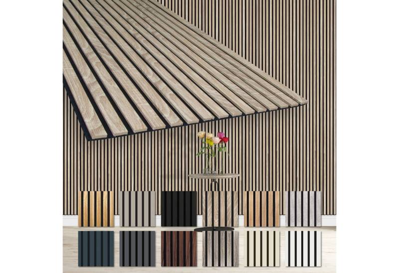 Hexim Wanddekoobjekt AP06 (Akustikpaneele 6 Stück 278x60cm Holz Comfort - flexible Lamellenwand MDF Wandpaneele Lamellenverkleidung Wandverkleidung schalldämmend 10.02m² Sonoma Oak) von Hexim