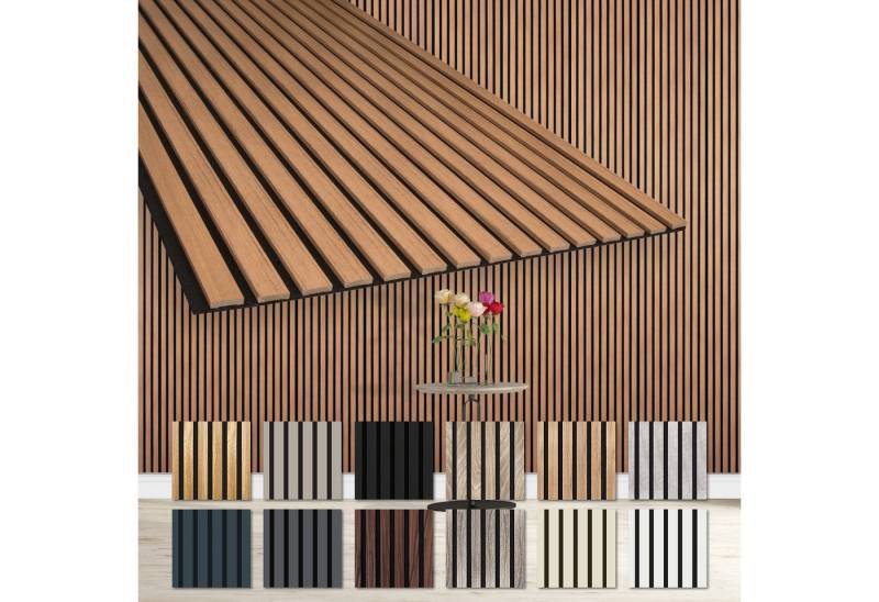 Hexim Wanddekoobjekt AP09 (Akustikpaneele 278x60cm Holz Comfort - flexible Holzpaneele Platten Lamellenwand MDF Wandpaneele Lamellenverkleidung Wandverkleidung schalldämmend 1.67m² Teak) von Hexim