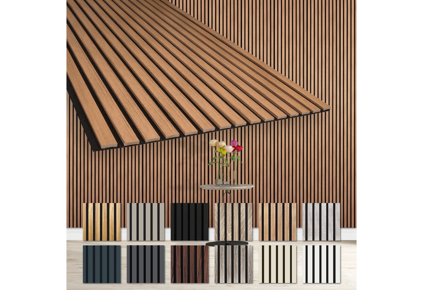 Hexim Wanddekoobjekt AP09 (Akustikpaneele 4 Stück 278x60cm Holz Comfort - flexible Lamellenwand MDF Wandpaneele Lamellenverkleidung Wandverkleidung schalldämmend 6.68m² Teak) von Hexim