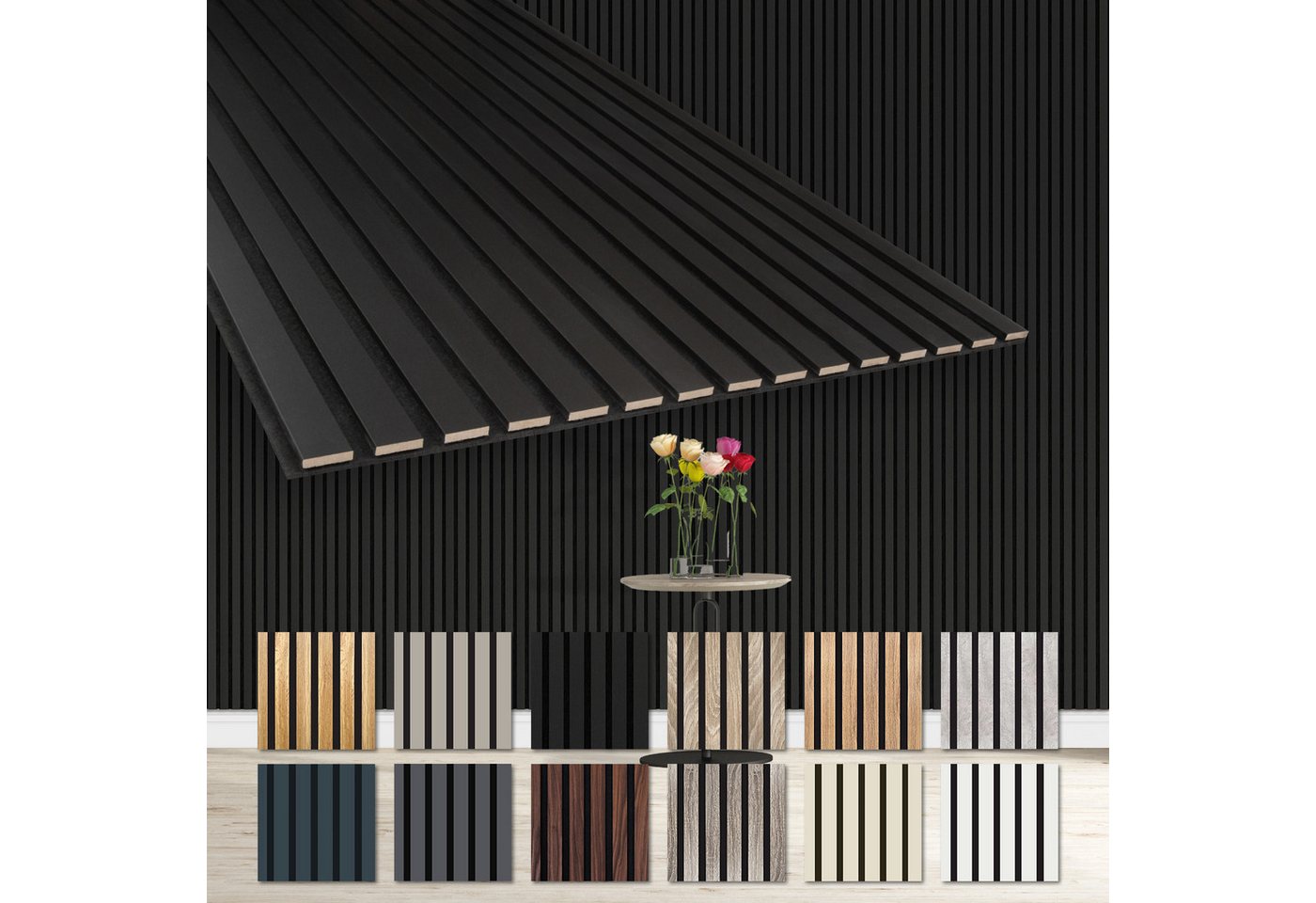 Hexim Wanddekoobjekt AP12 (Akustikpaneele 6 Stück 278x60cm Holz Comfort - flexible Lamellenwand MDF Wandpaneele Lamellenverkleidung Wandverkleidung schalldämmend 10.02m² Black Edition) Hexim Wanddekoobjekt AP12 (Akustikpaneele 6 Stück 278x60cm Holz Comfort - flexible Lamellenwand MDF Wandpaneele Lamellenverkleidung Wandverkleidung schalldämmend 10.02m² Black Edition) von Hexim