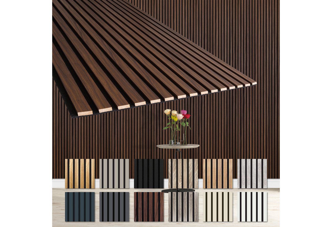 Hexim Wanddekoobjekt AP13 (Akustikpaneele 4 Stück 278x60cm Holz Comfort - flexible Lamellenwand MDF Wandpaneele Lamellenverkleidung Wandverkleidung schalldämmend 6.68m² Catania Oak) von Hexim