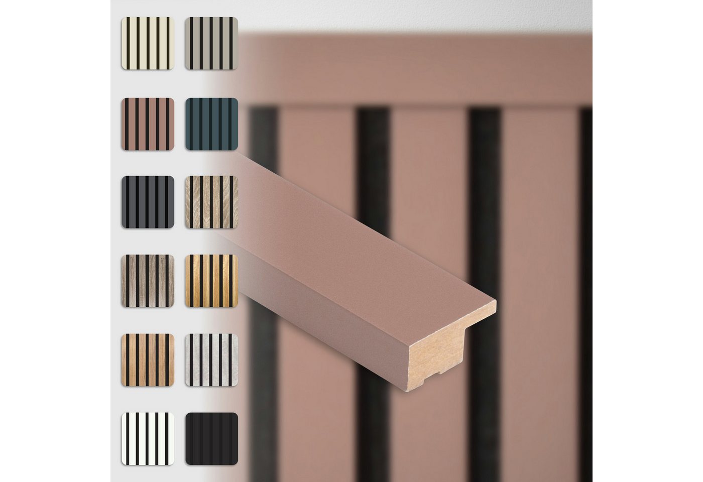 Hexim Wanddekoobjekt APAH03 (Akustikpaneele Abschlussleiste 137,5x2,7cm - flexible Lamellenwand Holz MDF Wandpanelee Lamellenverkleidung Wandverkleidung Innendekoration schalldämmend (1 Abschlussleiste Mauve - APAH03) von Hexim