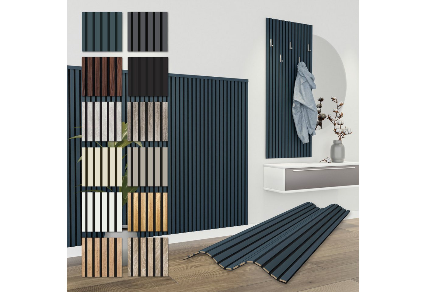 Hexim Wanddekoobjekt APH04 (Akustikpaneele 138,5x60cm - flexible Lamellenwand Holz MDF Wandpaneele Lamellenverkleidung Wandverkleidung Innendekoration schalldämmend (8 Paneele / 6,64 m² Ocean - APH04) von Hexim