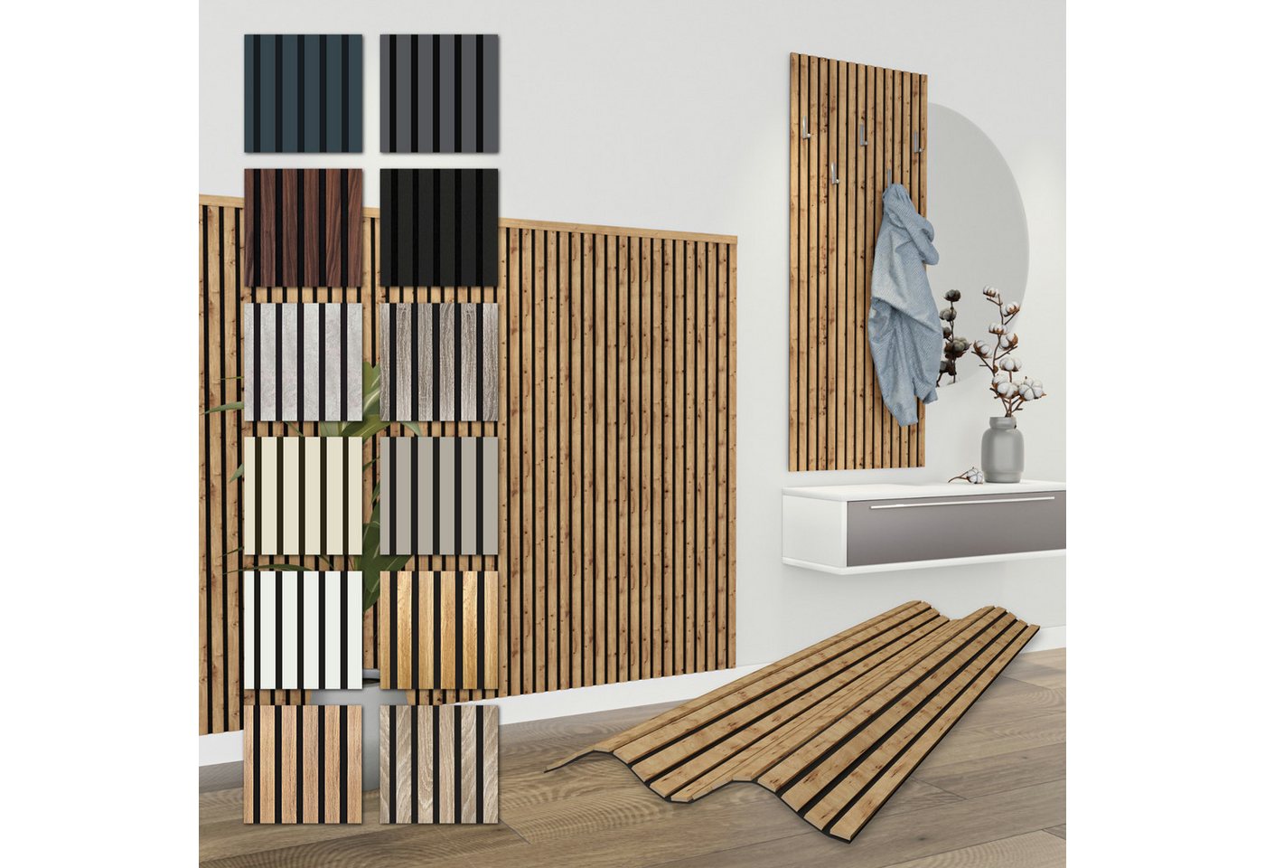Hexim Wanddekoobjekt APH08 (Akustikpaneele 12 Stück 138,5x60cm Holz Comfort - flexible Holzpaneele Platten Lamellenwand MDF Wandpaneele Lamellenverkleidung Wandverkleidung schalldämmend 9.96m² Pecan) von Hexim