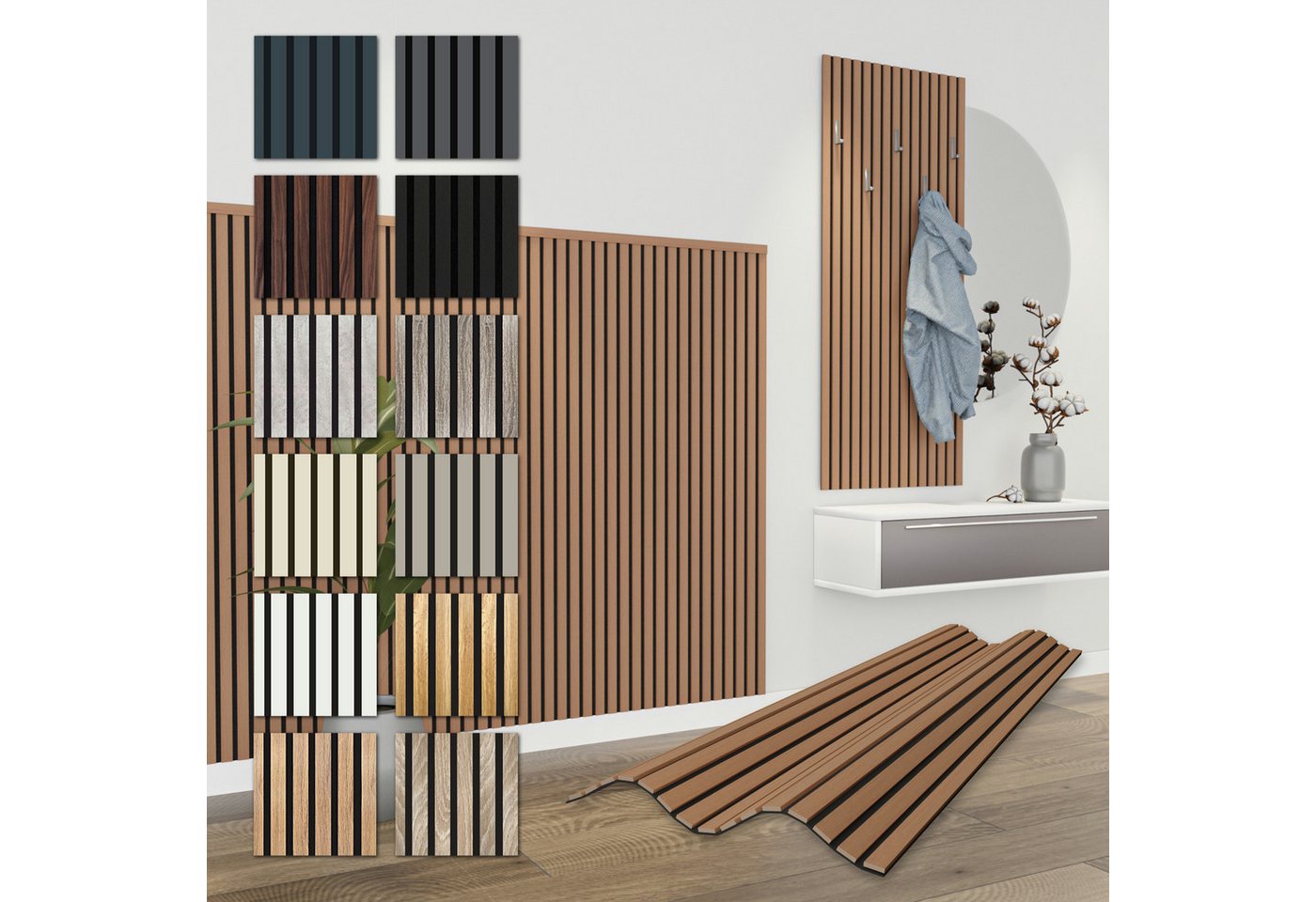 Hexim Wanddekoobjekt APH09 (Akustikpaneele 12 Stück 138,5x60cm Holz Comfort - flexible Holzpaneele Platten Lamellenwand MDF Wandpaneele Lamellenverkleidung Wandverkleidung schalldämmend 9.96m² Teak) von Hexim