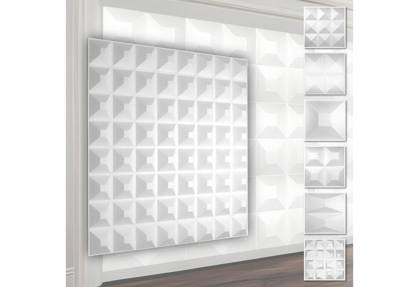 Hexim Wanddekoobjekt HD005 (PVC Kunststoff - weiße Wandverkleidung mit 3D Optik - Pyramiden Motive (2 qm 8 Platten) Deckenpaneel Wandverkleidung) von Hexim