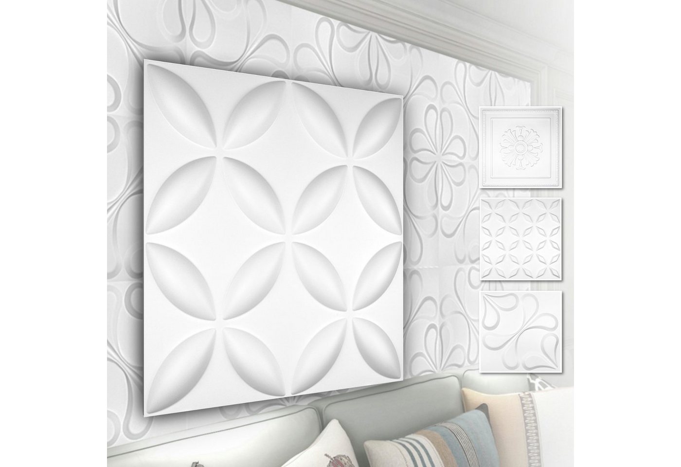 Hexim Wanddekoobjekt HD038 (PVC Kunststoff - weiße Wandverkleidung mit 3D Optik - Blumen Motive (2 qm 8 Platten) Flower Hintergrund Schlafzimmer) von Hexim