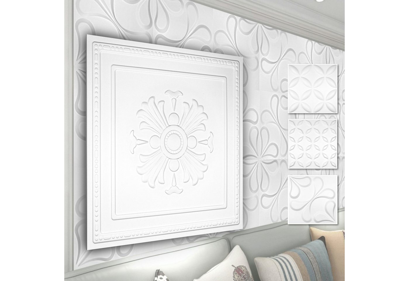Hexim Wanddekoobjekt HD050 (PVC Kunststoff - weiße Wandverkleidung mit 3D Optik - Blumen Motive (5 qm 20 Platten) hinter TV glatt hochglanz Decke) von Hexim