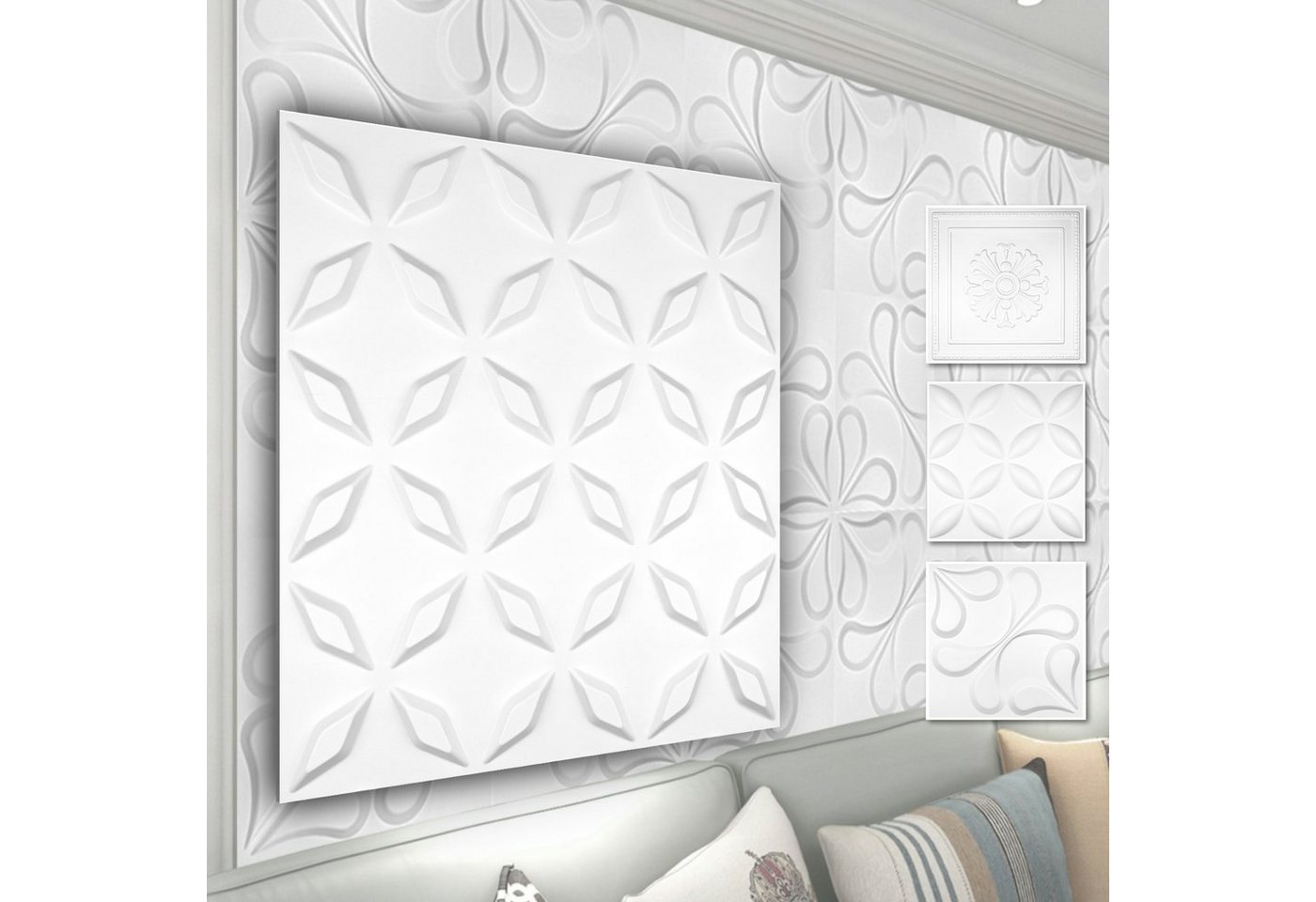 Hexim Wanddekoobjekt HD063 (PVC Kunststoff - weiße Wandverkleidung mit 3D Optik - Blumen Motive (2 qm 8 Platten) 8 Stück Deckenpaneel Paneel) von Hexim