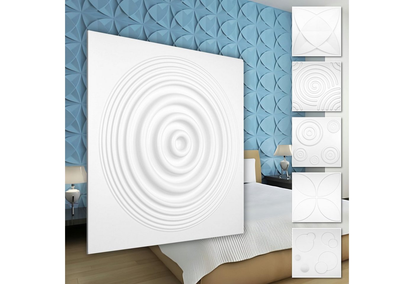 Hexim Wanddekoobjekt HD075 (PVC Kunststoff - weiße Wandverkleidung mit 3D Optik - Kringel Motive (3 qm 12 Platten) Gaming Idee Wohnzimmer Kreise) von Hexim