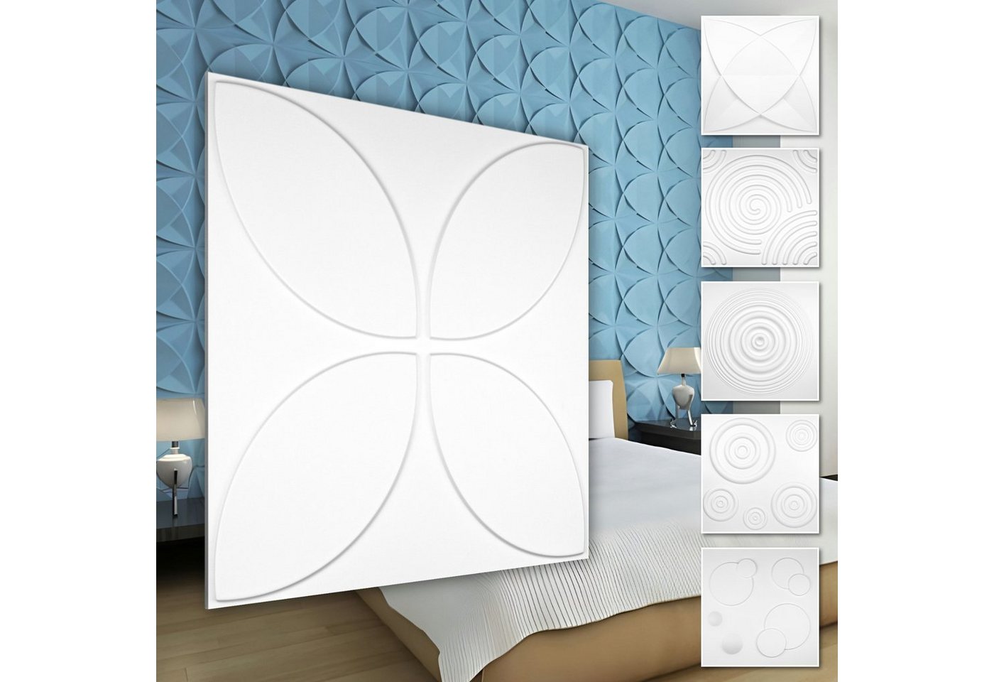 Hexim Wanddekoobjekt HD091 (PVC Kunststoff - weiße Wandverkleidung mit 3D Optik - Kringel Motive (2 qm 8 Platten) Vertäfelung streichen modern) von Hexim