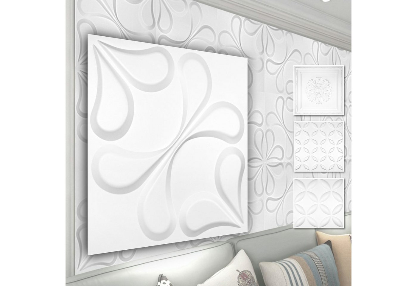 Hexim Wanddekoobjekt HD102 (PVC Kunststoff - weiße Wandverkleidung mit 3D Optik - Blumen Motive (3 qm 12 Platten) Wandtattoo modern Iso Paneel) von Hexim